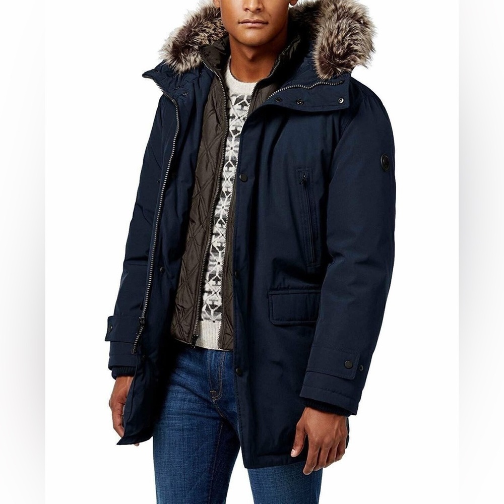 Michael Kors Men's Navy Blue Snorkel Parka Jacket Coat with Faux Fur Hood sz L